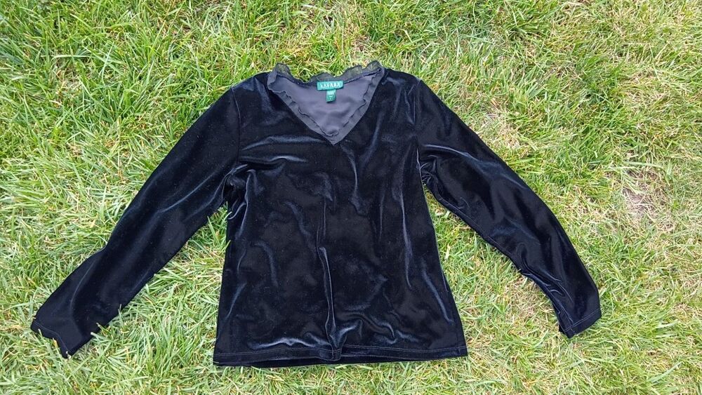 Lauren Ralph Lauren Black Velvet Velour Sheer Mesh V Neck Top Womens Large